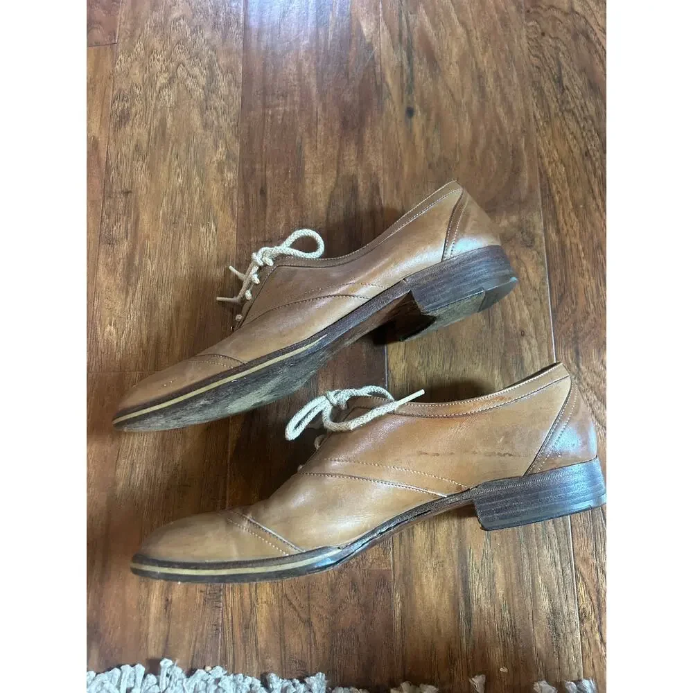 Vintage 70's GUCCI Leather Shoes COUNTRY WESTERN Tan 43.5 9 Wingtip Derby Oxford